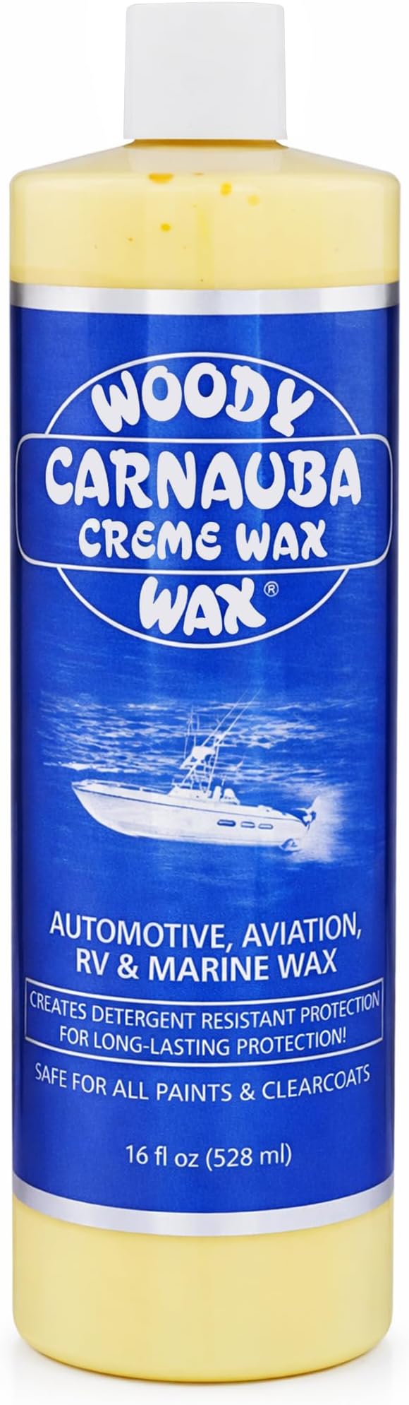 Woody Wax Carnauba Creme Wax, High-Gloss for Marine, RV & Aviation | UV Protection for Paint & Clear Coat, Detergent Resistant Polymers, Covers Light Scratches and Removes Oxidation, 16 oz