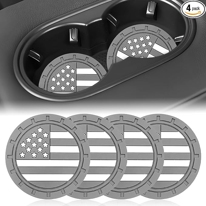 Automotive Universal Car Cup Holder Coasters 4 Pack, Non-Slip Silicone Cup Holder Insert 2.72~2.75 Inch, Anti-Skid Shockproof Drink Mat with Flag Design, Vehicle Interior Accessories Grey