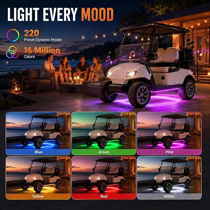 Roykaw Golf Cart LED Strip Lights, Underglow Neon Light Kit Compatible with EZGO/Club Car/Yamaha and Most Brands Golf Carts, Waterproof/LED Decorative Lights/Multi-Dynamic Modes, 4PCS