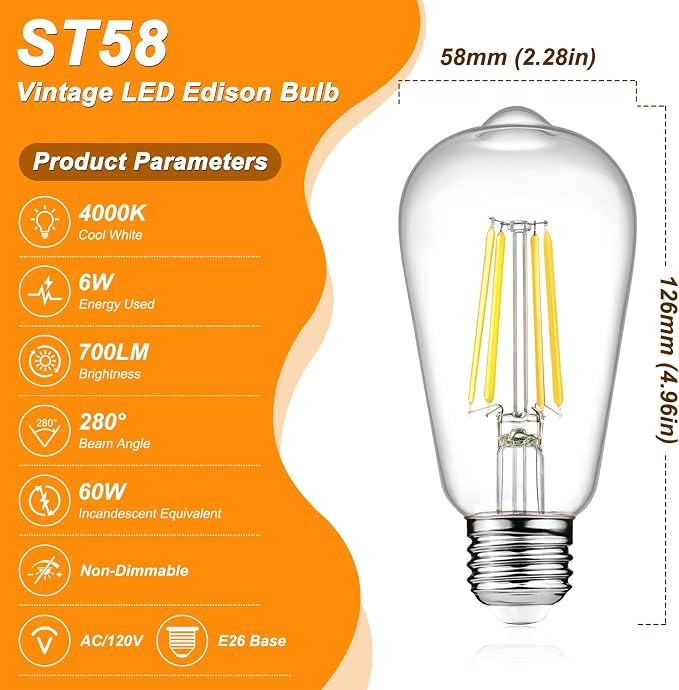 Ascher 12 Pack Vintage LED Edison Light Bulb 60W Equivalent, Decorative Antique Filament Light Bulbs with 80+ CRI, Cool White 4000K, 700 Lumens, E26 Base, Non-Dimmable