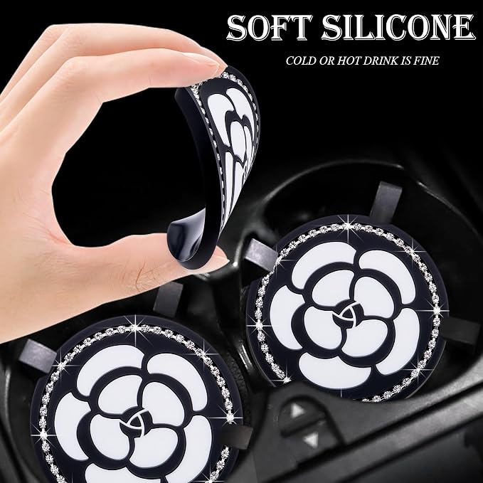 2-Pack Bling Cup Holder Coasters for Cars – 2.75 Inch Silicone Inserts – Anti-Slip, Shockproof – Decorative Vehicle Accessories for Women & Girls (White Flower)