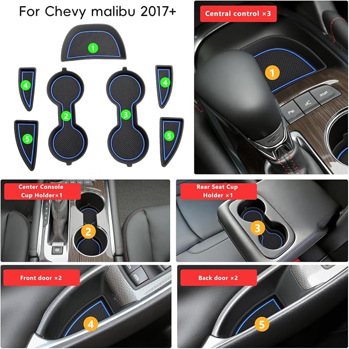 Auovo Cup Holder Inserts Coaster Center Console Liners Compatible with Chevy Malibu Accessories 2017-2025 Silicone Cup Mat Pad Door Liners Car Interior Decoration(Blue, 7PCS-with Door Liners)