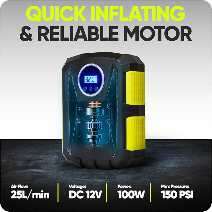 FORTEM Tire Inflator Portable Air Compressor, Air Pump for Car Tires and Bikes, Car Tire Pump w/Auto Shut Off, 150 PSI, 12V DC, LED Light, Carrying Case, Perfect For Men, Women
