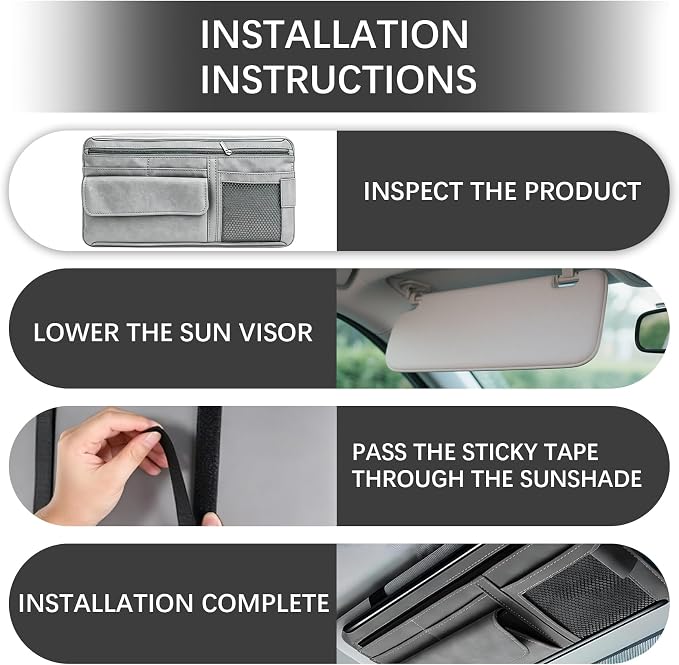Car Sun Visor Organizer, Visor Accessories, Leather Sunvisor Pocket Organizer Case with Multi-Pocket Net Zipper, Waterproof Auto Sunshade Organizer Bag for Card Pen Sunglasses Document (Grey)