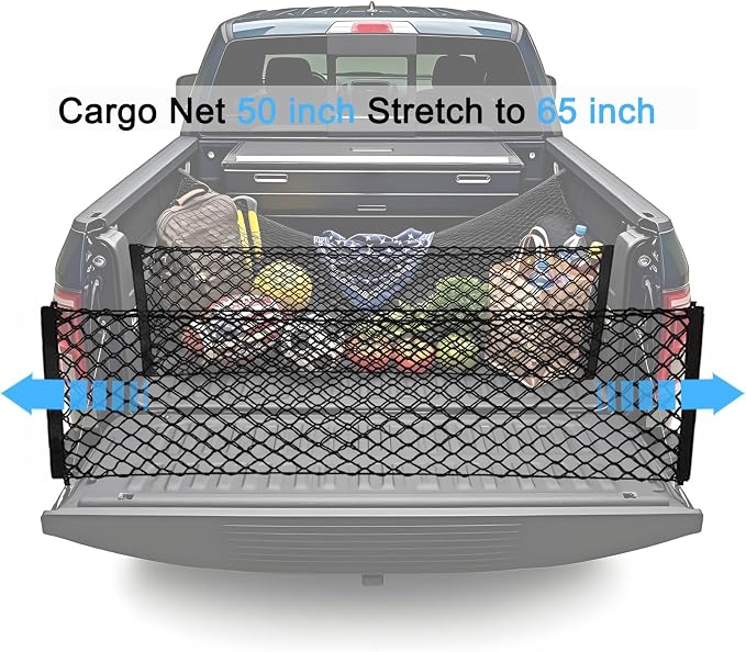 BAILALIBO Cargo Net for Pickup Truck Bed, 50x18 in | Stretchable elastic net, adjustable tailgate hook, fits Chevy Silverado/Ford F150/F250, heavy-duty truck bed storage