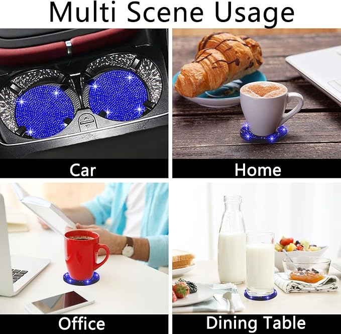 NBTEPEM 4pcs Bling Car Cup Holder Coaster, 2.75 inch Anti-Slip Shockproof Universal Fashion Car Coasters Insert Bling Crystal Rhinestone Automotive Interior Accessories for Women (Blue)