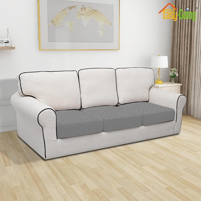 Easy-Going Waterproof Couch Cushion Covers, Non-Slip Leakproof Sofa Seat Cushion Slipcovers, Quilted and Stretch Furniture Protector for Dogs, Pets (3-Piece Sofa Cushion, Grey)