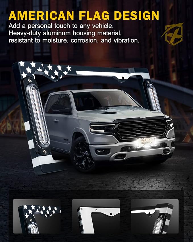 Xprite 36 LED License Plate Strobe Light, US Flag Front/Rear Utility Lights, 22 Modes Caution Frame for Construction Towing Snow Plow Pickup Work Trucks Cars - White (w/Pre-Installed 9FT Cable)