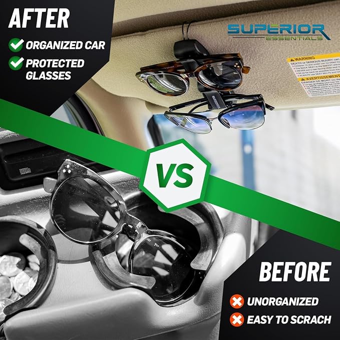 SUPERIOR ESSENTIALS Sunglass Holder for Car Visor Clip - Sun-Glasses Holder and Ticket Card Clips - Car Visor Accessories - Luxury Eyeglass Car Mount (Pack 1)
