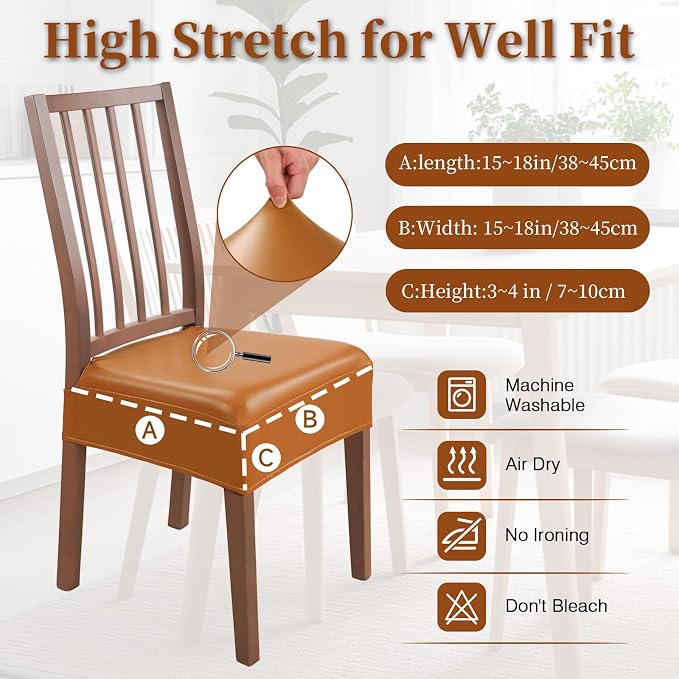 Leather Seat Covers for Dining Room Chairs Set of 6, Waterproof Kitchen Chair Seat Protector Slipcovers Made of 4-Way High Stretch PU Leather and Rear Covers Design (Orange 6 Pcs)