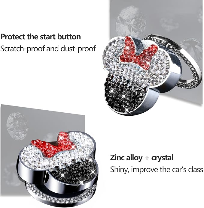Pangpai Cute Push to Start Button Cover Accessories, Bling Crystal Engine Start Stop Button Cover, Black Car Decoration Interior Sticker for Women, Girls