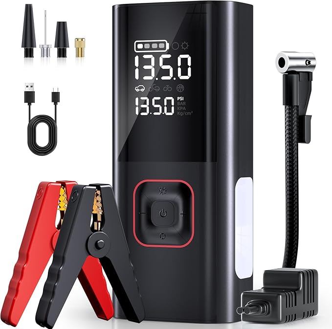 Jump Starter with Air Compressor, 5000A Battery Jumper Starter Portable (9L Gas/8L Diesel) with 160PSI Auto-Shutoff Tire Inflator, 12V Jump Box Car Battery Jump Starter with Jumper Cables, LED Light