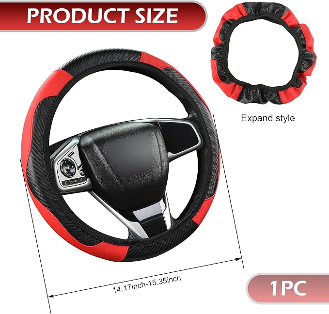 Car Steering Wheel Cover,15 Inch Carbon Fiber Leather Elastic Steering Wheel Protector, Anti-Slip Soft Breathable Driving Wheels Covers, Universal Auto Interior Accessories for Vehicle (Red)