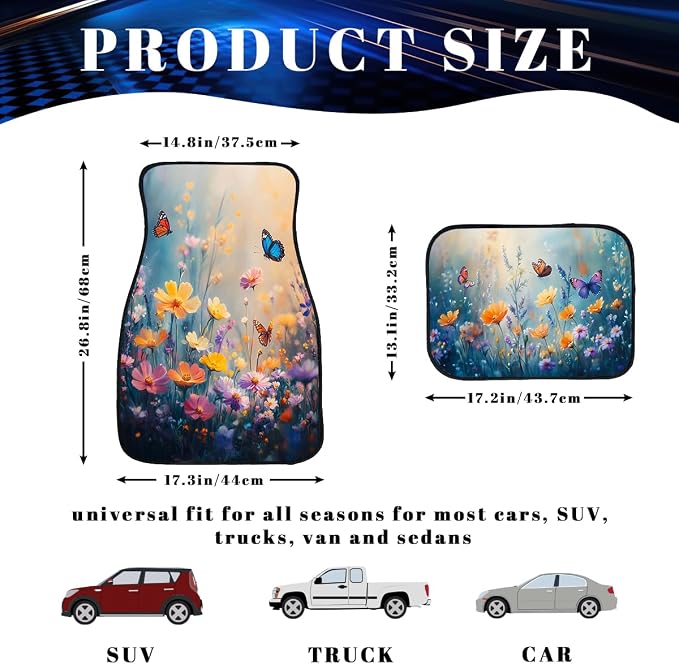 Spring Floral Car Floor Mats Wildflower Flower Blossom Butterfly Carpet Front Rear Carpets Mat Decorative Car Floor Carpets Non-Slip Auto Car Accessories Universal Fit Car Accessories for Truck