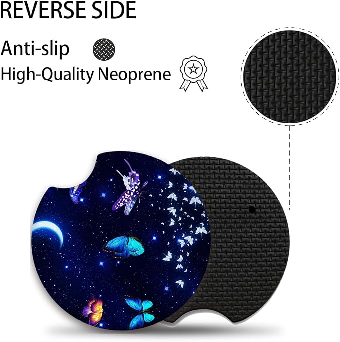2pcs Blue Butterfly Cup Coaster for Car SUVs Trucks, Rubber Car Coasters with A Finger Groove, Car Cup Holder Coasters Interior Accessories