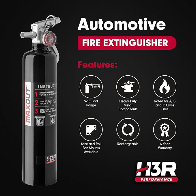 MaxOut ABC Fire Extinguisher for Vehicle, Marine & Home Safety | Car, Truck, Off-Road, UTV, RV, Boat | Refillable Dry Chemical | Mounting Bracket | UL Listed, USCG Approved | 2.5 lbs Black