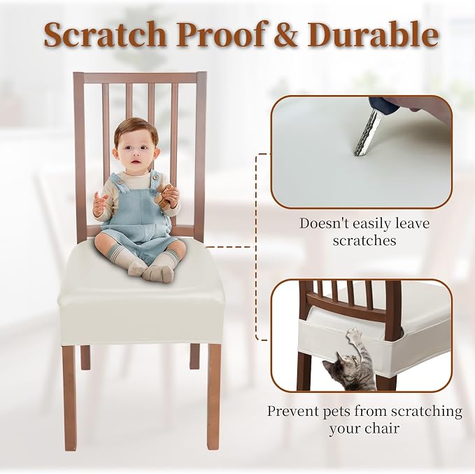 Waterproof Dining Chair Seat Covers Leather Kitchen Seat Covers, Stain Resistant Stretch Chair Seat Covers for Dining Room Chairs Set of 6, Rear Covered Washable Dining Chair Covers Cream