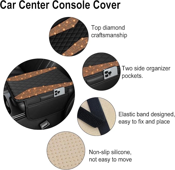 NBTEPEM Bling Car Center Console Cover, Leather Middle Console Cover with 2 Storage Bags, Universal Arm Rest Cover Protector, Bling Car Accessories Interior Fit for Most Vehicles, Orange Diamond