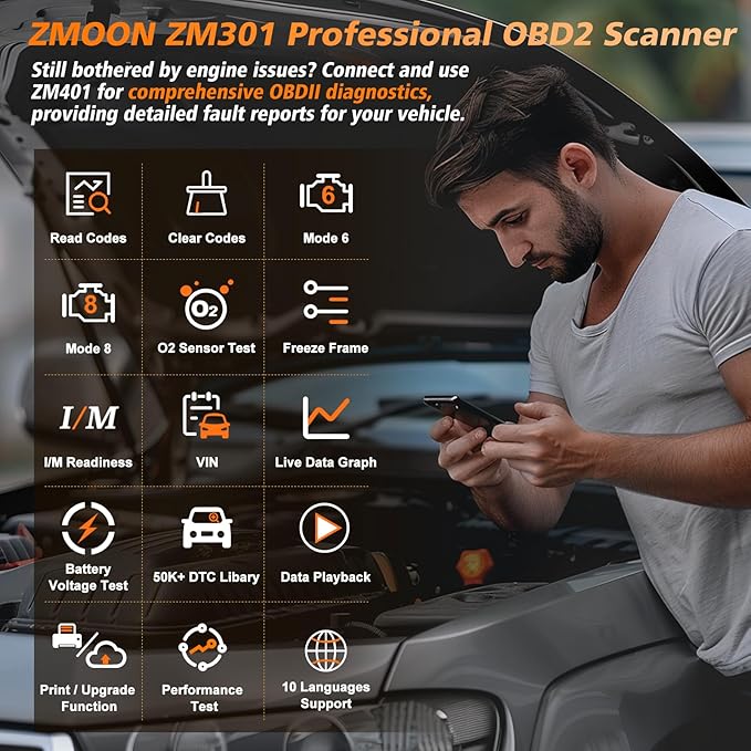 ZMOON ZM301 OBD2 Scanner Diagnostic Tool, Car Code Reader Scan Tools | Enhanced Check Engine Light Clear, Universal OBDII EOBD System Auto Reader for All Vehicles After 1996