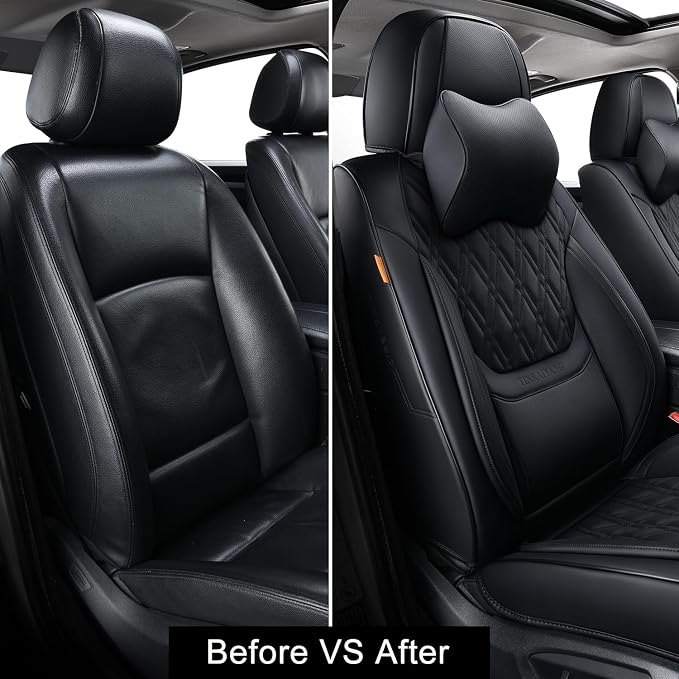Black Car Seat Covers Front Pair, Breathable Leather Automotive Front Seat Covers with Headrest, Universal Automotive Vehicle Seat Cover for Most Sedan SUV Pick-up Trucks