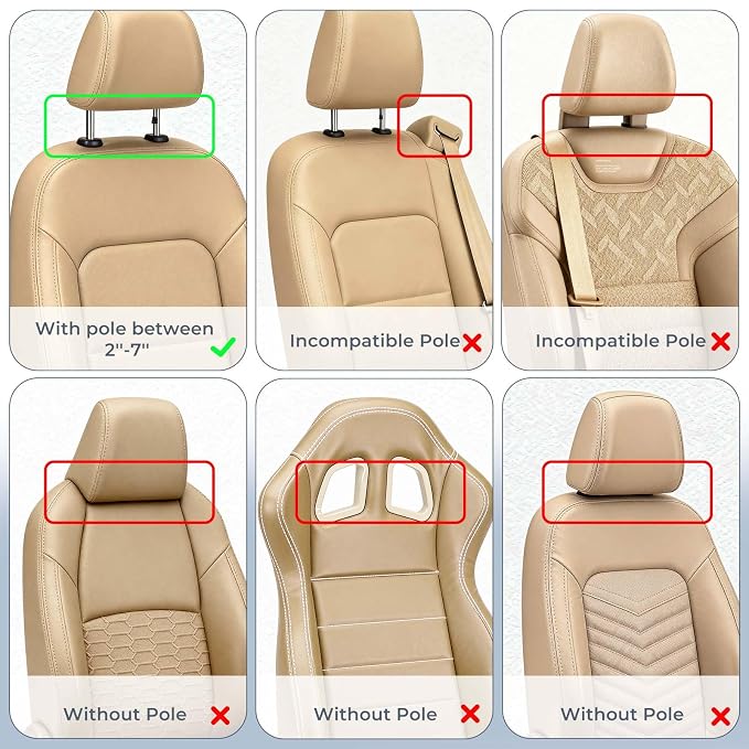 Adjustable Car Headrest Pillow, Road Pal Headrest, U-Shaped Travel Sleeping Pillow for Kids & Adults, Head Neck Support Only Suitable for Car Seat Headrest with Poles, Khaki