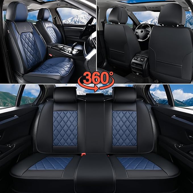 Coverado Car Seat Covers Full Set, Luxury Faux Leather Waterproof Seat Cover, Black and Blue Car Seat Covers, Car Seat Protector, Automotive Seat Covers Universal Fit for Most Cars, Black&Blue
