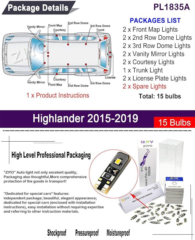 PL1835A Replacement for Toyota Highlander Kluger 2015-2019 LED Interior Light kit, 6000K White Dome Lights Accessories Package + License Plate Light Bulbs Upgrade (15 Bulbs)