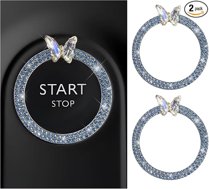 DXNQ 2PCS Bling Ring Emblem, Sparkling Butterfly Car Buttons and Knobs Ring, Girly Butterfly Diamond Car Engine Start Button Cover, Key Ignition Knob Rings Decoration for Women (Blue, Double Row)