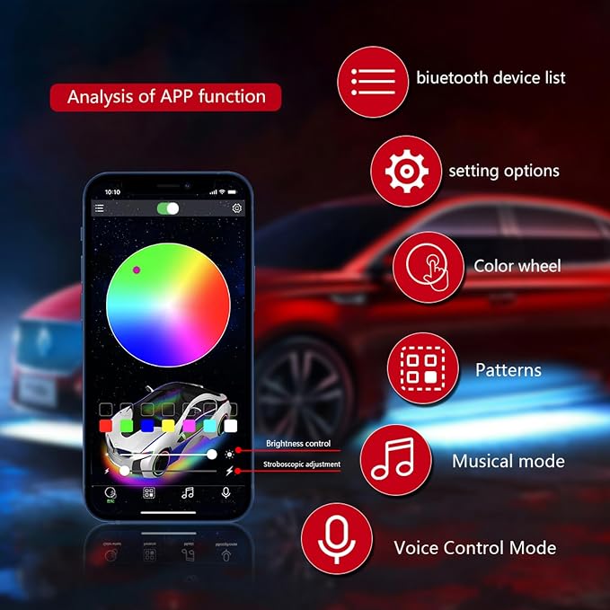 Car Underglow Kit, 6 in 1 RGB Led Lights Strip for Cars, SUV, Truck Chassis | 12V, Neon Ambient Sets with Turn Signal, Ultra Bright, Chasing Glowing, APP & Remote Control, Sync to Music, Waterproof