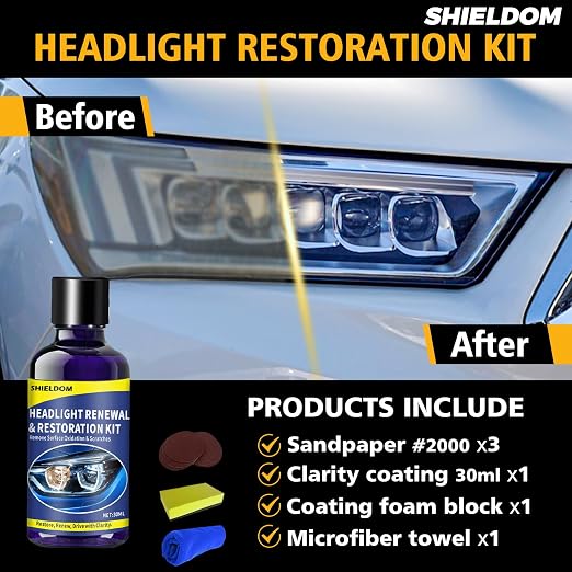 SHIELDOM Professional Headlight Restoration Kit with Abrasive Paper & Surface Ceramic Protective Coating Fluid to Remove Cloudy, Oxidation & Scratches and Restore Clarity DIY Set - 6PCS