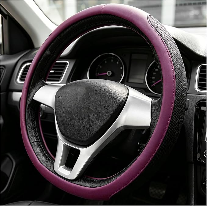 Sun Walker Steering Wheel Cover, Breathable Leather Steering Wheel Covers with Perforated Sides, Anti-Slip Comfortable Grip Auto Sleeve for 14.5-15 Inch Wheels, Car Accessories (Purple)