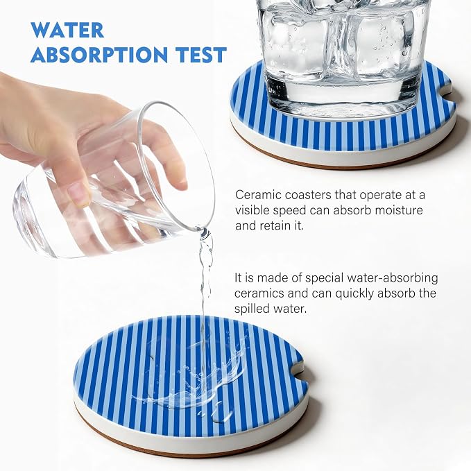 2 Pack Car Coasters for Cup Holders, Absorbent Ceramic Cup Coaster with Cork Base and Finger Notch, Cute Car Accessories Interior for Women Men (Blue Stripes)