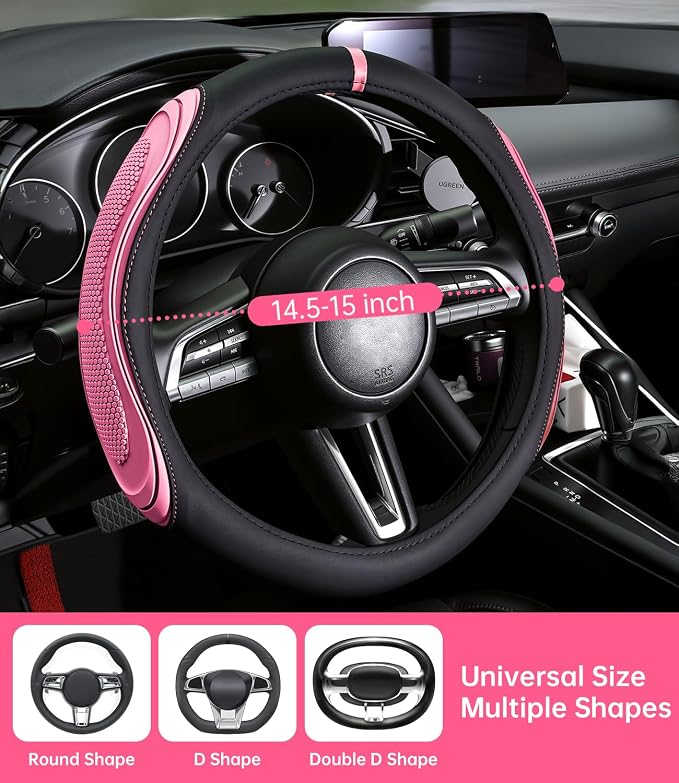 XCBYT Steering Wheel Cover - Pink Leather Steering Wheel Wrap Great Grip with 3D Honeycomb Quick and Effortless Installation Non-Slip Silicone Inner Ring for Women Man Universal Fit 14.5-15 Inch