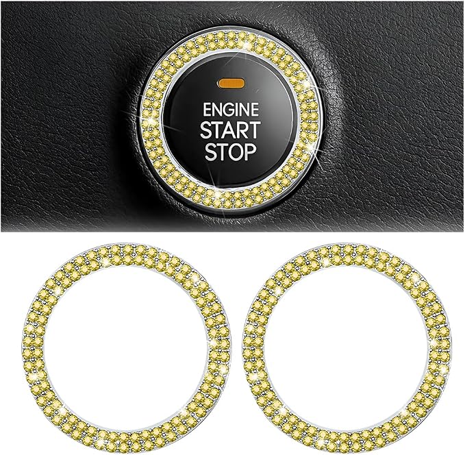 Bling Car Engine Start Ring Decals, 2PCS Sparkling Crystal Rhinestone Vehicle Push to Start Button Sticker, Diamond Auto Key Ignition Knob Decorative Ring, Universal for Vehicles (Yellow)