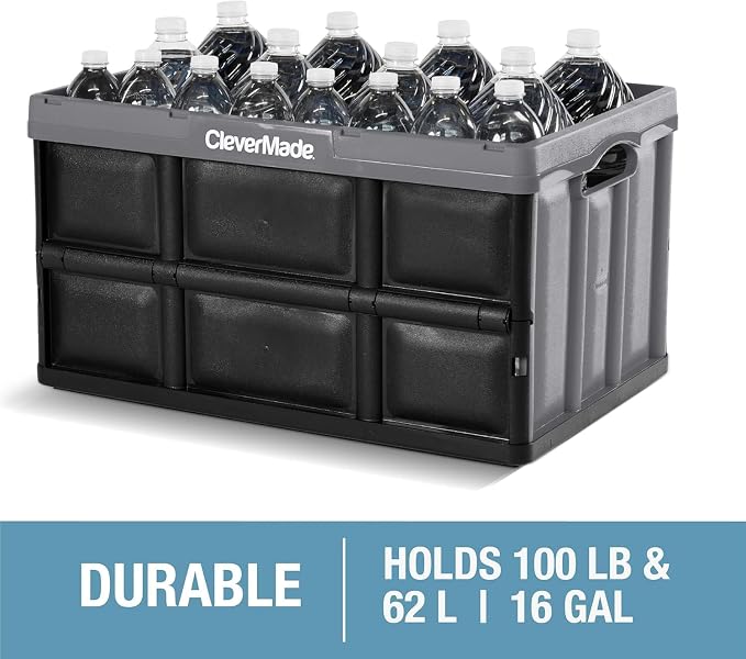 CleverMade Collapsible Plastic Storage Bins, 62L 3 Pack, Stackable, Ocean | Built-in handles simplify garage, car and household organization, while the roomy open-top keeps bulky supplies accessible