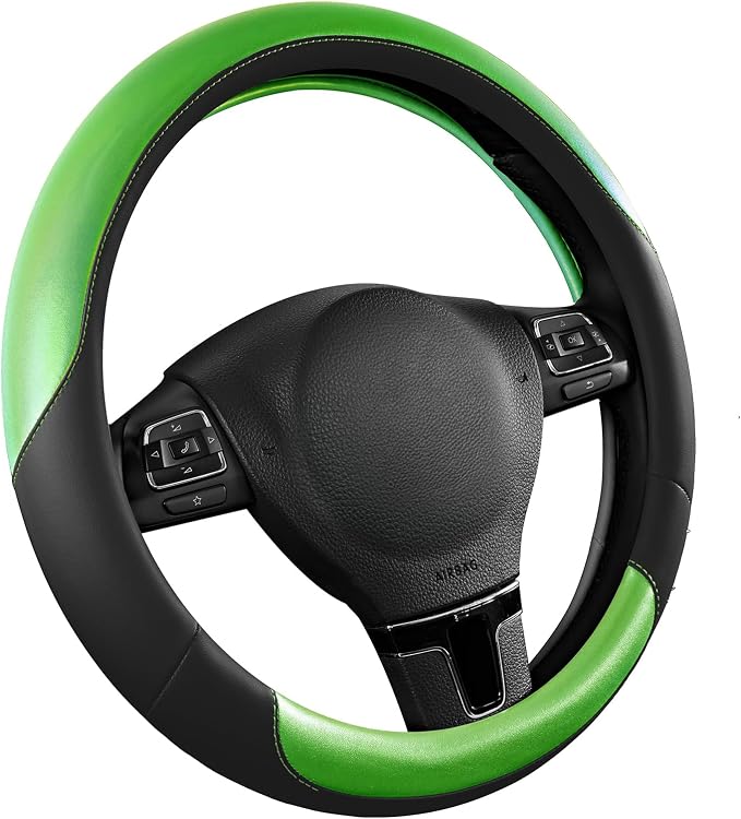 Road Comforts Steering Wheel Cover – Breathable Leather Steering Wheel Cover, Anti-Slip Grip, Universal Fit 14.5” to 15”, Heat & Cold Resistant for Cars, SUVs, and Trucks – Black & Shining Green