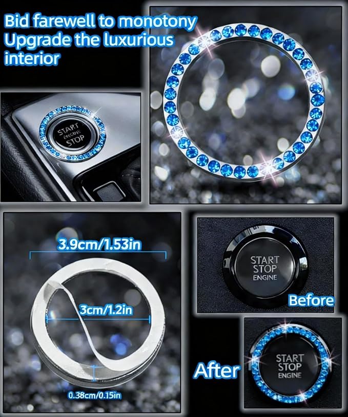 11 pcs Bling Car Accessories Set for Women,Steering Wheel Cover,Sparkly Seat Belt Covers,Daisy Vent Clips,Bling Shift Cover,Car Cup Holder Coaster,Universal Fit Most Cars (Blue Diamond)