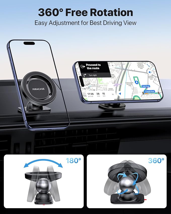 Miracase Latest Upgrade for MagSafe Car Mount [33+LBS Strong Suction & 2200gf Magnetic] Small Phone Holders for Your Car Dashboard, 360° Adjustable Car Phone Holder Mount for iPhone Garmin GPS