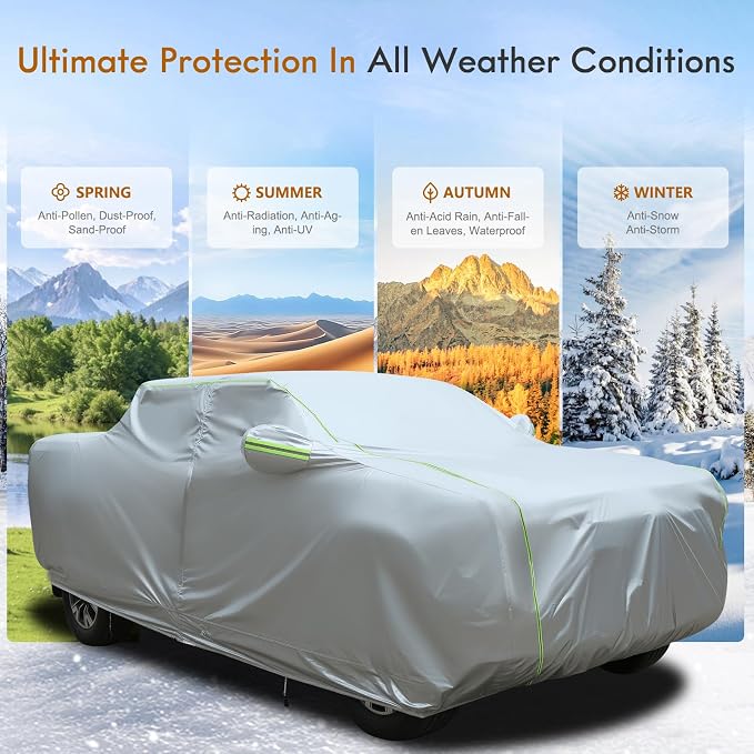 Tecoom Truck Cover Waterproof for Automobiles, Breathable Light Shell Windproof Sun Rain Snow Protection with Zipper Door & Lock, All Weather Outdoor Full Pickup Covers Fit Length Up to 233"