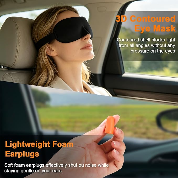 Travel Pillow - Hooded Neck Pillow Airplane Memory Foam Filling for Plane, Cars Sleeping, Road Trip, Long Flights, Portable Plane Accessories, Includes Eye Mask & Earplugs (Red)