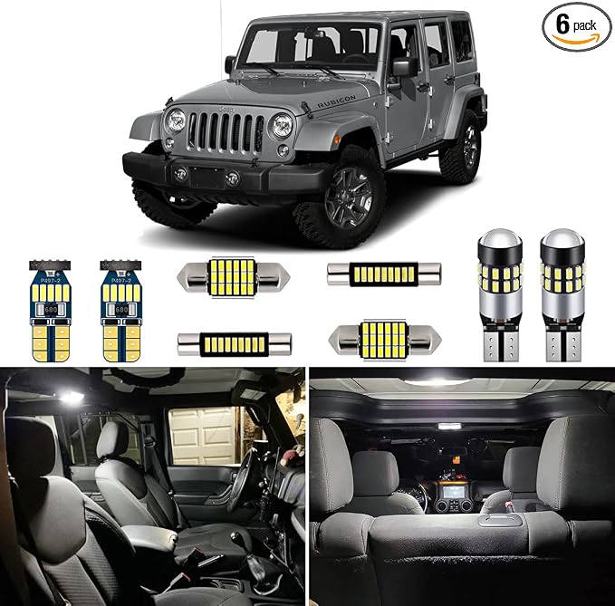 AUTOGINE 6 Piece CANBUS LED Interior Light Kit for Jeep Wrangler JK 4-Door 2007 2008 2009 2010 2011 2012 2013 2014 2015 2016 2017 2018 Super Bright 6000K White LED Bulbs Package + Install Tool