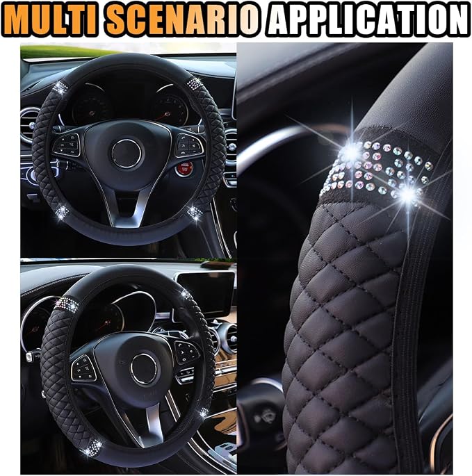 JOYCOURT 15 Inch Bling Soft Leather Car Steering Wheel Cover, Black | Colorful Rhinestones Design, Auto Elastic Protector for Women Girls, Crystal Diamond Car Accessories for Most Cars, SUVs