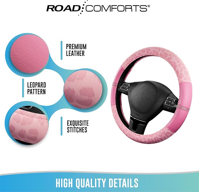 Road Comforts Leopard Steering Wheel Cover for Women, Cute Anti-Slip Microfiber Leather, Universal Fit 14.5-15 Inch Round Steering Wheel - Full Pink