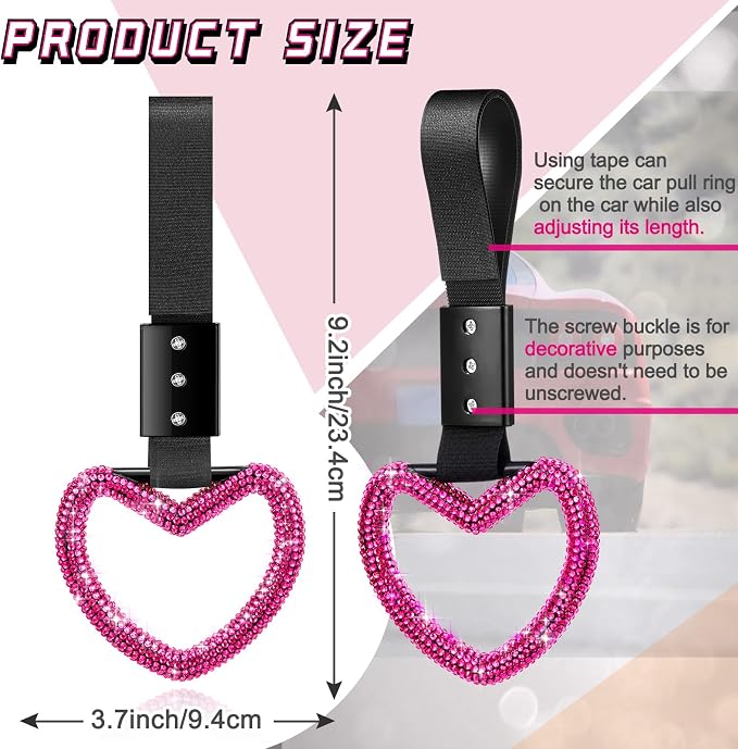 Fabbay Bling Car Accessories Bling Heart Handle Ring Car Accessory for Women Hearts Hand Strap Drift Charm Rear Bumper Warning Ring Decor for Auto Interior Exterior Decoration(Hot Pink,Heart Style)