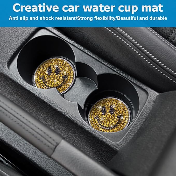 Bling Car Cup Holder Coaster, 2PCS 2.75 Inch Crystal Rhinestone Anti Slip Vehicle Drink Cup Mat for Women Girls, Auto Interior Embedded in Ornaments. Universal for SUV RV Truck (Smile)