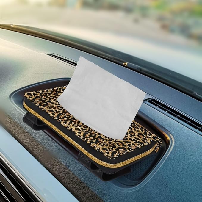 PU Leather Backseat Tissue Box Holder Leopard Pattern Sun Visor Napkin, Mask Dispenser Backseat Tissue Holder for SUV Sedans Vans Trucks