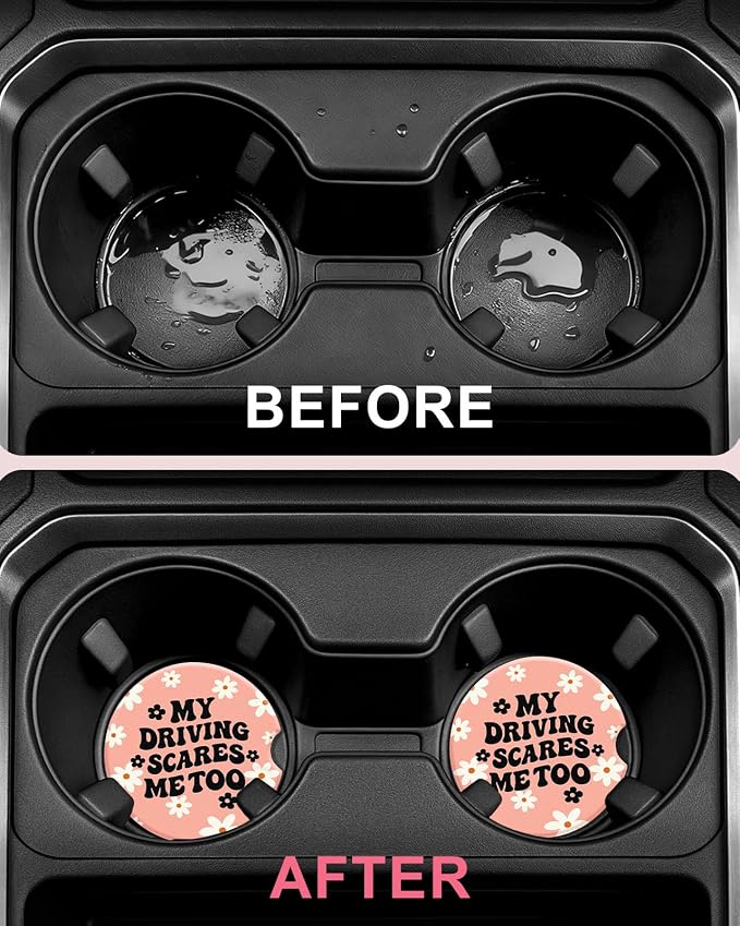 Swooflia 2 Pack Absorbent Ceramic Car Coasters for Women - 2.55 Inch Floral Pink Funny Quote Car Cup Holder Coasters with Cork Base, Funny Car Accessories, New Driver Gifts