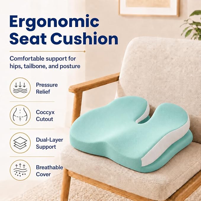 Memory Foam Ergonomic Seat Cushion for Office Chairs Pain Relief | Suitable for prolonged sitting, relieves tailbone pain, fits office chairs, wheelchairs, car seats and computer desk chairs