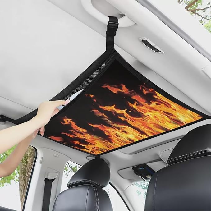 Dreaweet Orange Flame Car Ceiling Cargo Net,31" x 24" Large Capacity Car Storage Mesh Organizer,Double-Layer Interior Roof Cargo Net Universal Car Accessories for Travel Road Trips