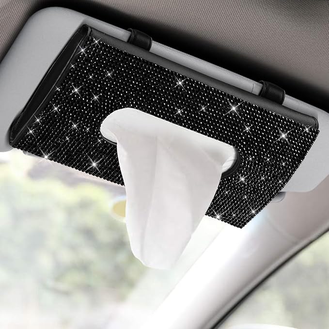 Bling Car Sun Visor Tissue Box Holder, Visor Accessories, Rhinestone PU Leather Crystal Sparkling Napkin Holder, Auto Sun Visor Paper Towel Cover Case Accessories for Most Cars (Black)